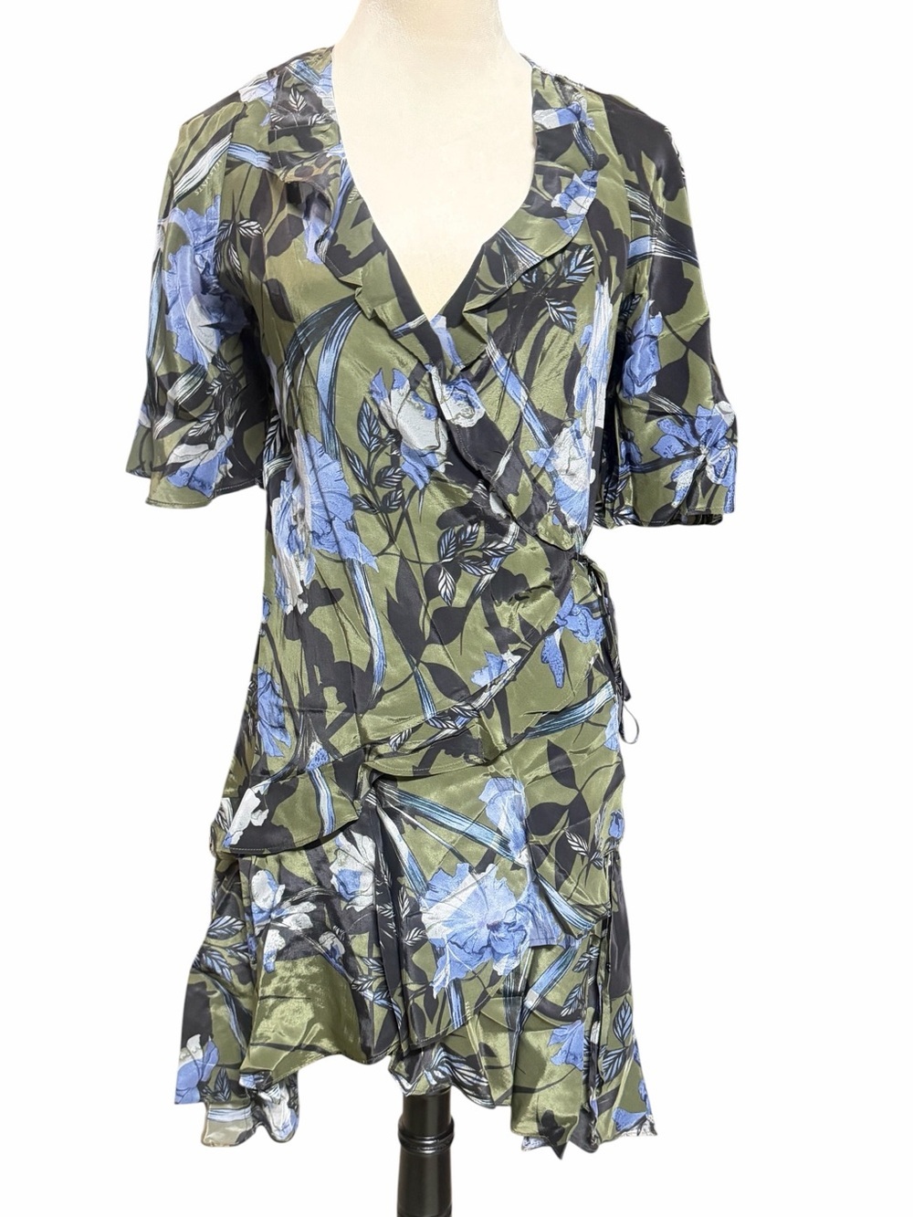 AllSaints Olive and Blue Floral High-Low Wrap Dress 100% Viscose - Picture 3 of 10